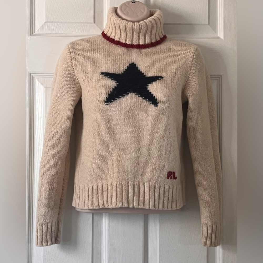 Vintage Ralph Lauren Hand Knit Wool Linen Silk Star Turtleneck Sweater Women’s M